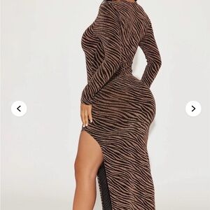 Fashion Nova Brown Zebra-Print Long Sleeve Bodycon Dress with Side Slit